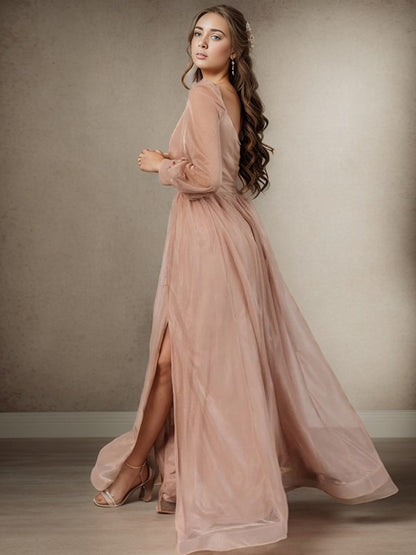 A-shaped princess pleated V-neck long sleeved and floor length bridesmaid dress