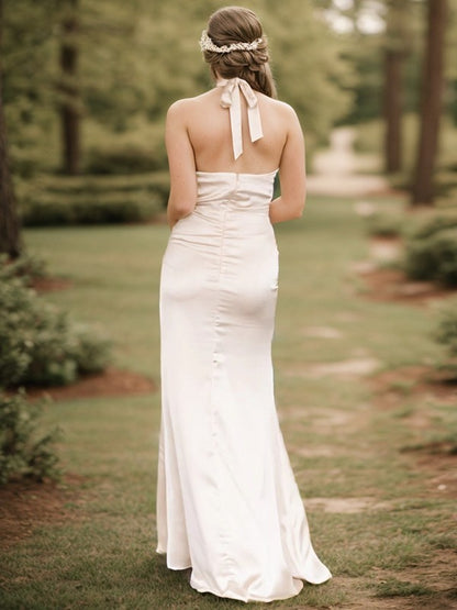 Sheath/Column Silk Like Satin Pleated Halter Floor-Length Bridesmaid Dresses