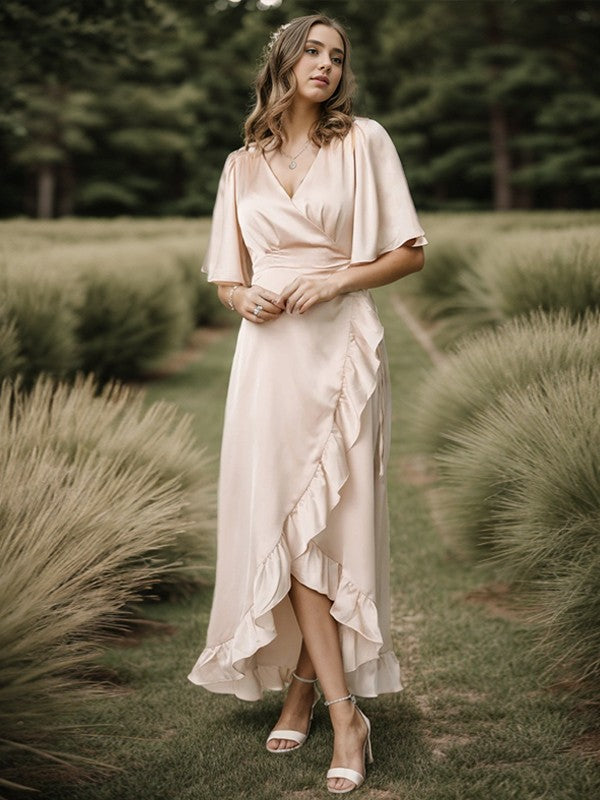 A-line/Princess Silk Like Satin Ruffles V-neck Short Sleeves Asymmetrical Bridesmaid Dresses