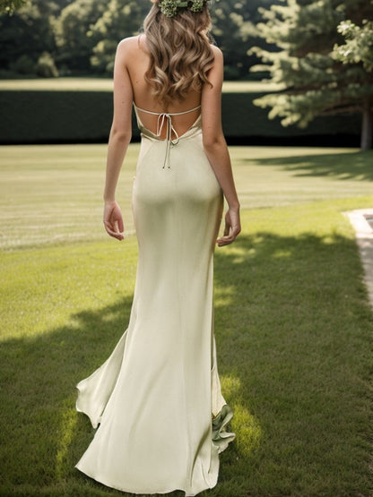Tight column silk pleated V-neck and floor length bridesmaid dress