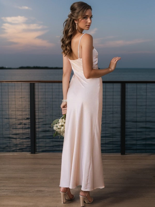 Protective column silk pleated fine shoulder strap and ankle off shoulder bridesmaid dress