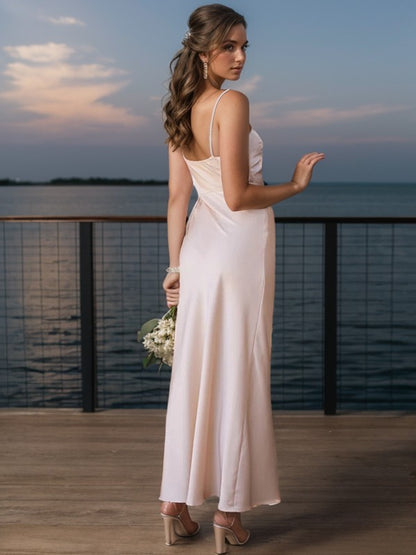Protective column silk pleated fine shoulder strap and ankle off shoulder bridesmaid dress