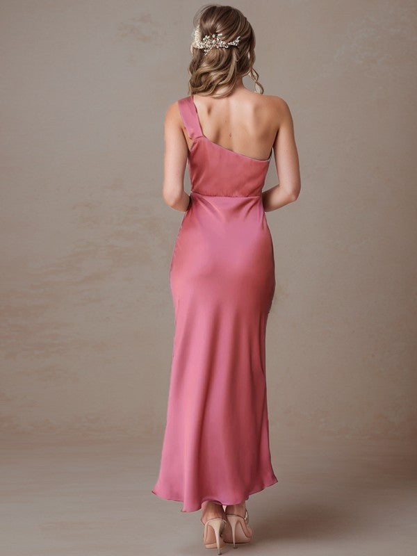 Tight fitting/columnar  woven satin pleated one shoulder and ankle off shoulder bridesmaid dress