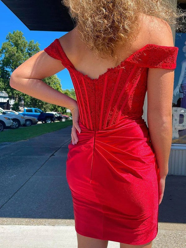 Tight fit/straight stretch woven satin pleated off shoulder sleeveless tight fitting corset short homecoming dress