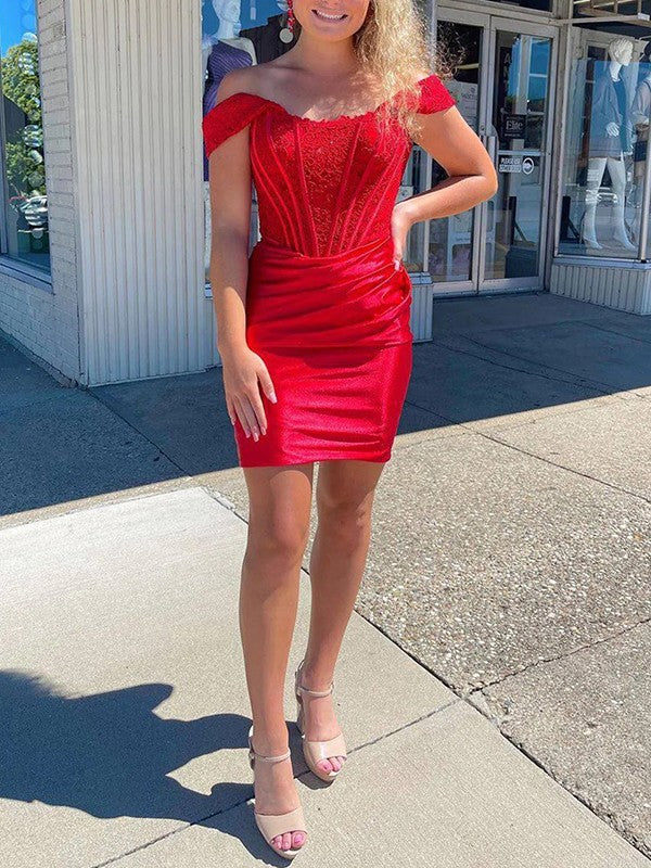 Tight fit/straight stretch woven satin pleated off shoulder sleeveless tight fitting corset short homecoming dress