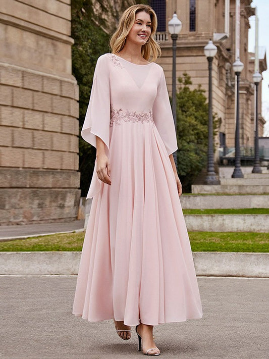 A-Line/Princess Chiffon Applique Scoop Long Sleeves Ankle-Length Mother of the Bride Dresses