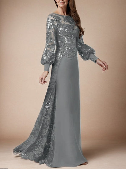 Tight fitting/pillar V rear sequin captain's sleeve chiffon mop mother of the bride dress