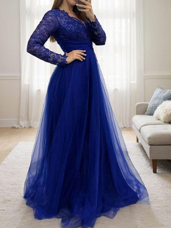 A-shaped V-neck long sleeved decal sheer and ground sheer mother of the bride dresses