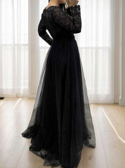 A-shaped V-neck long sleeved decal sheer and ground sheer mother of the bride dresses