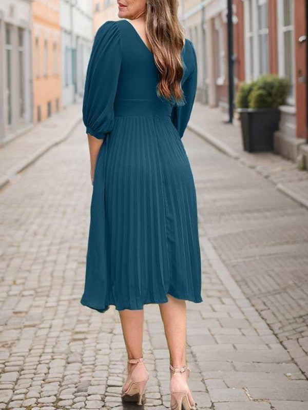 A-line V-neck 3/4 sleeve pleated long chiffon mother of the bride dresses