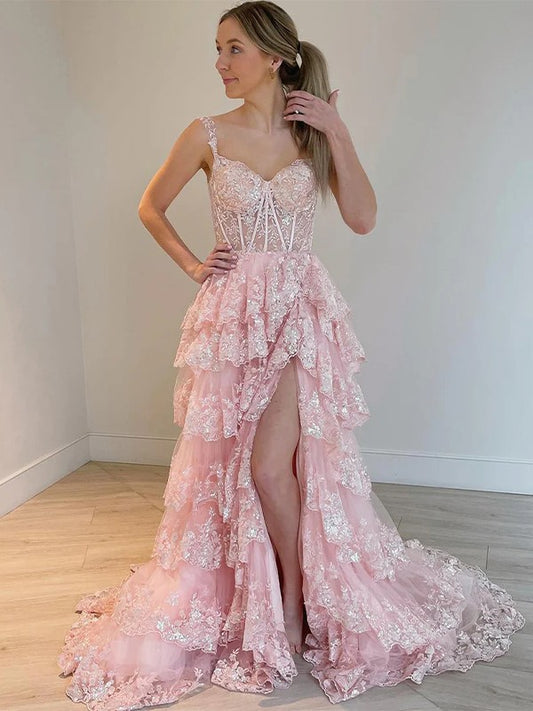 A-Line/Princess Tulle Lace Straps Sleeveless Court Train Corset Dresses
