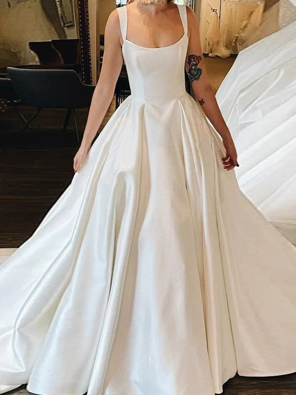 Ball Dress Satin Ruffle Edge Shoulder Straps Sleeveless and Floor Length Wedding Dress
