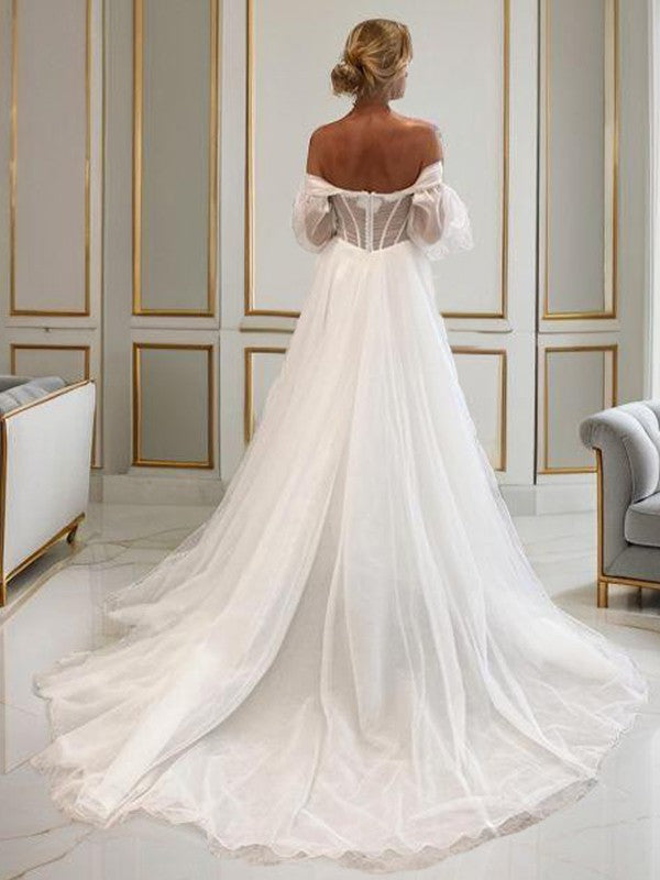 A-shaped Sweetheart Long sleeved sheer tight fitting corset and floor length wedding dress