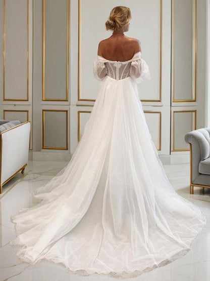 A-shaped Sweetheart Long sleeved sheer tight fitting corset and floor length wedding dress