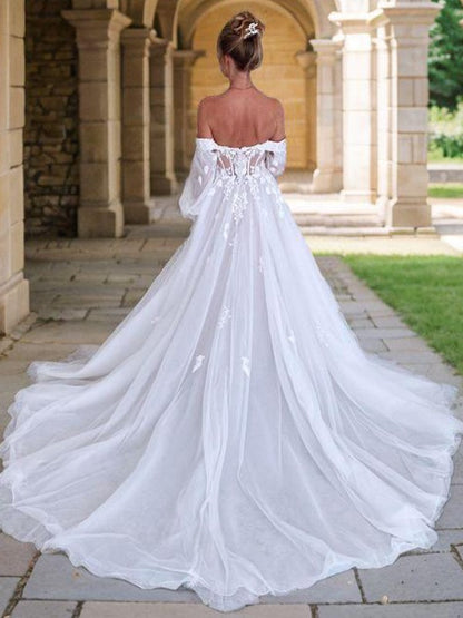 A-line Off Shoulder Long sleeved Applique Lace Palace Dress Tulle and Floor Length Wedding Dress