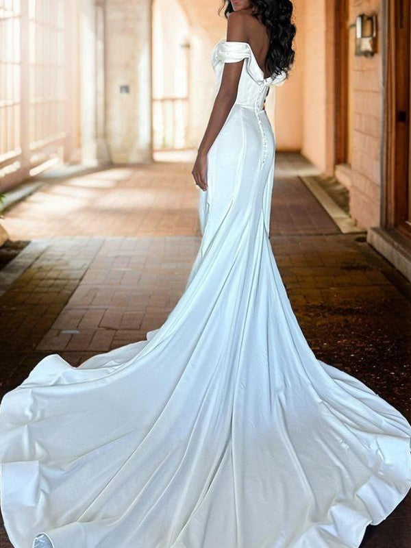 Tight off shoulder pleated cathedral train  woven satin tight corset and ground length wedding dress