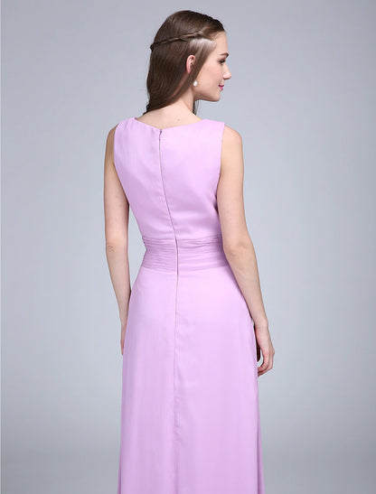 Sheath / Column Bridesmaid Dress Cowl Neck Sleeveless Elegant Floor Length Chiffon with Sash / Ribbon / Ruched