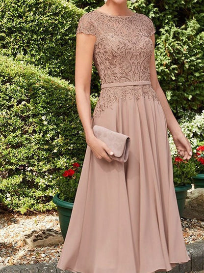 A-line/princess chiffon applique low round neck short sleeved tea long mother of the bride dress