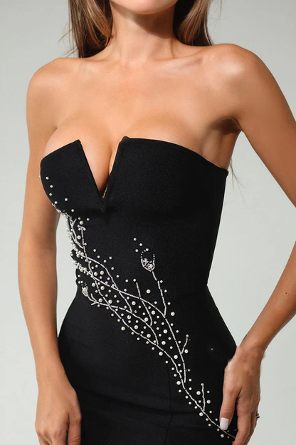 Sexy fit strapless bead decal side slit Homecoming dress