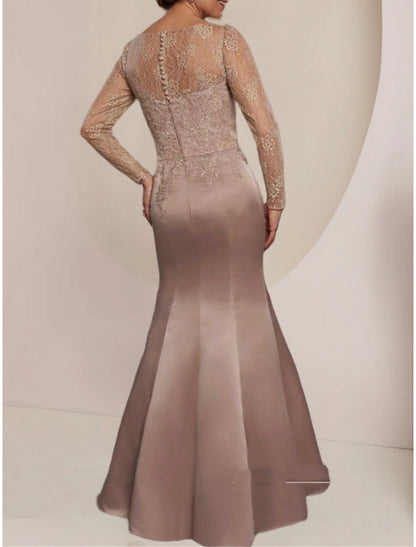 Mermaid / Trumpet Mother of the Bride Dress Wedding Guest Party Elegant Jewel Neck Floor Length Imitated Silk Long Sleeve with Lace Pleats