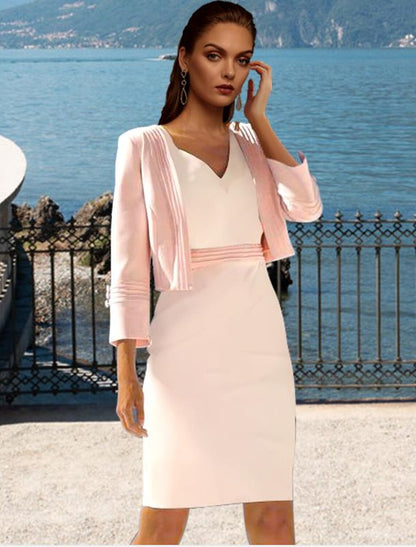 Two Piece Sheath / Column Mother of the Bride Dress Elegant V Neck Knee Length Stretch Chiffon Short Sleeve Short Jacket Dresses with Pleats Color Block
