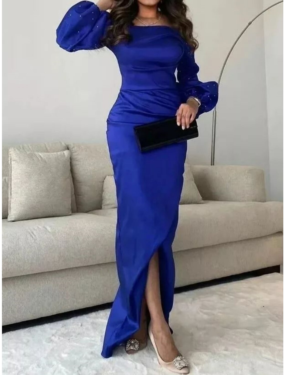 Mermaid / Trumpet Evening Gown Elegant Dress Formal Floor Length Long Sleeve Square Neck Satin with Ruched Sequin Slit