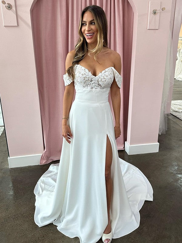 A-line/Princess Chamaeus Silk Applique Off the Shoulder Sleeveless Palace Tail Wedding Dress