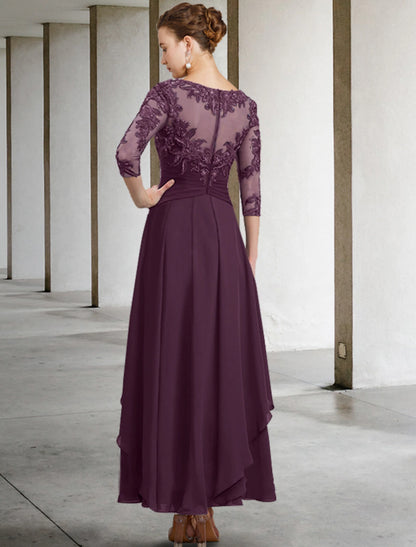 A-Line Mother of the Bride Dress Wedding Guest Plus Size Elegant Jewel Neck Ankle Length Chiffon Lace 3/4 Length Sleeve with Ruched Sequin Appliques