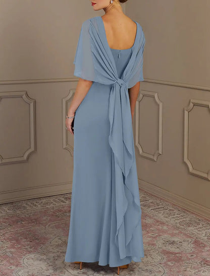 Sheath / Column Mother of the Bride Dress Formal Wedding Guest Elegant Simple Jewel Neck Floor Length Chiffon Sleeveless with Side Draping Solid Color