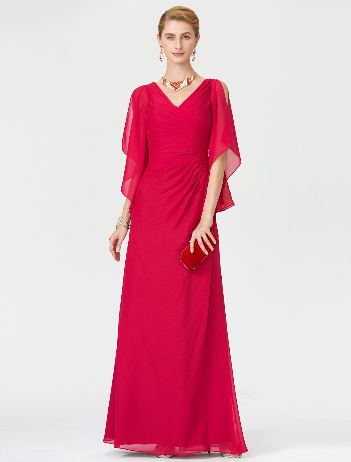 Sheath / Column Mother of the Bride Dress Furcal V Neck Floor Length Chiffon Half Sleeve No with Criss Cross Split Front