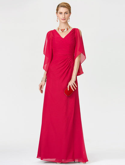 Sheath / Column Mother of the Bride Dress Furcal V Neck Floor Length Chiffon Half Sleeve No with Criss Cross Split Front