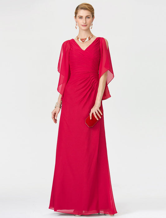 Sheath / Column Mother of the Bride Dress Furcal V Neck Floor Length Chiffon Half Sleeve No with Criss Cross Split Front