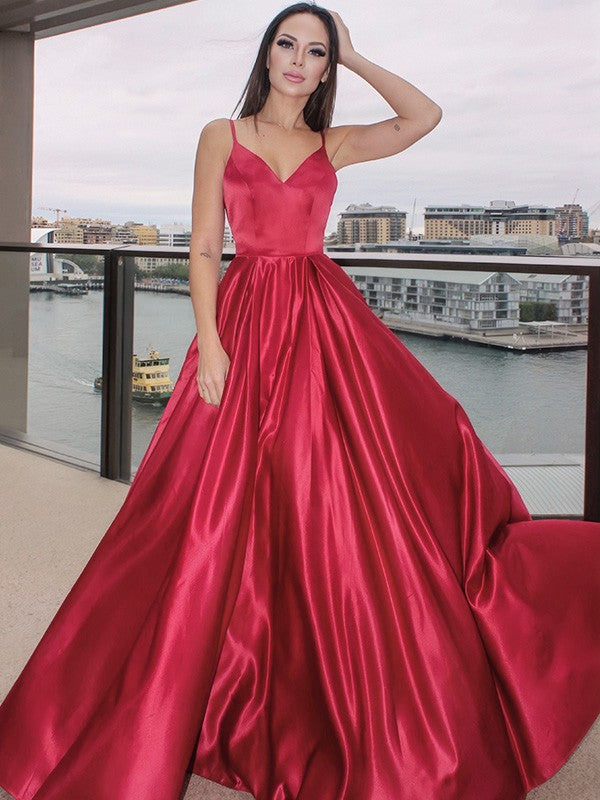 A-Line/Princess Sleeveless Ruffles V-neck Satin Floor-Length Dresses
