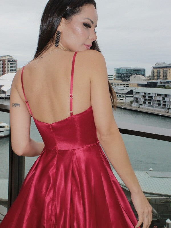 A-Line/Princess Sleeveless Ruffles V-neck Satin Floor-Length Dresses