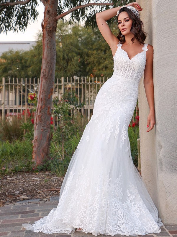 trumpet/mermaid sleeveless v-neck sweep/brush train lace tulle dresses Mermaid Beach Strap Wedding Gown V-neck Sleeveless with Deep-V Back Brush Train Beading Lace