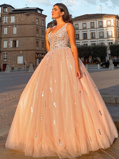 Ball Gown Tulle V-neck Beading Sleeveless Floor-Length Dresses