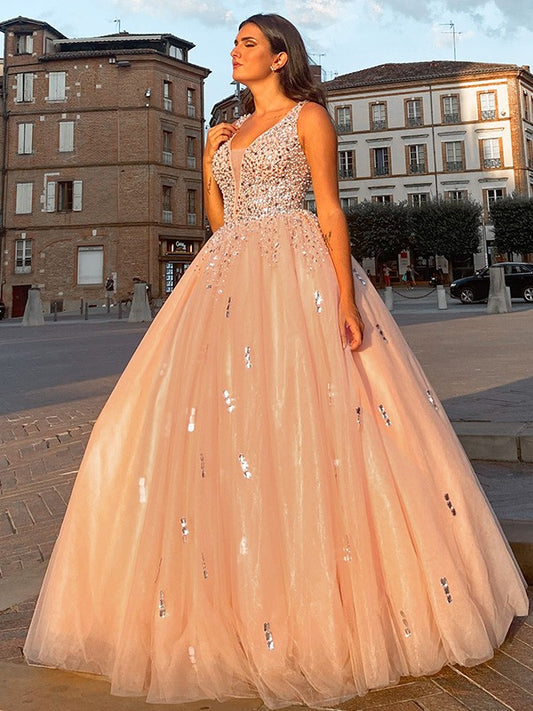 Ball Gown Tulle V-neck Beading Sleeveless Floor-Length Dresses