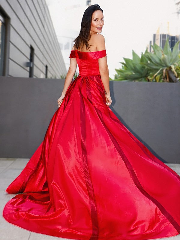 A-Line/Princess Ruffles Sleeveless Satin Off-the-Shoulder Sweep/Brush Train Dresses