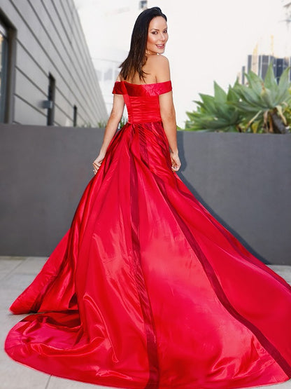 A-Line/Princess Ruffles Sleeveless Satin Off-the-Shoulder Sweep/Brush Train Dresses