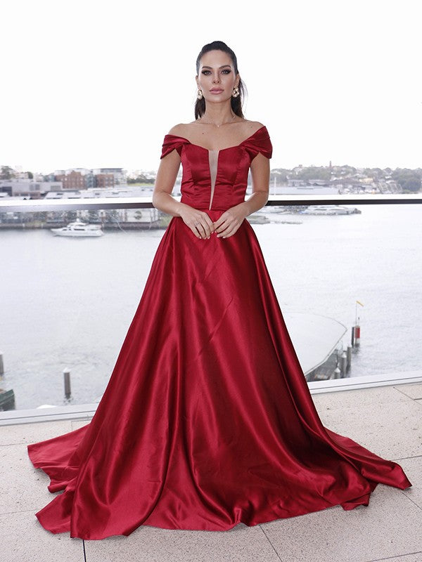 A-Line/Princess Satin Off-the-Shoulder Ruffles Sleeveless Sweep/Brush Train Dresses