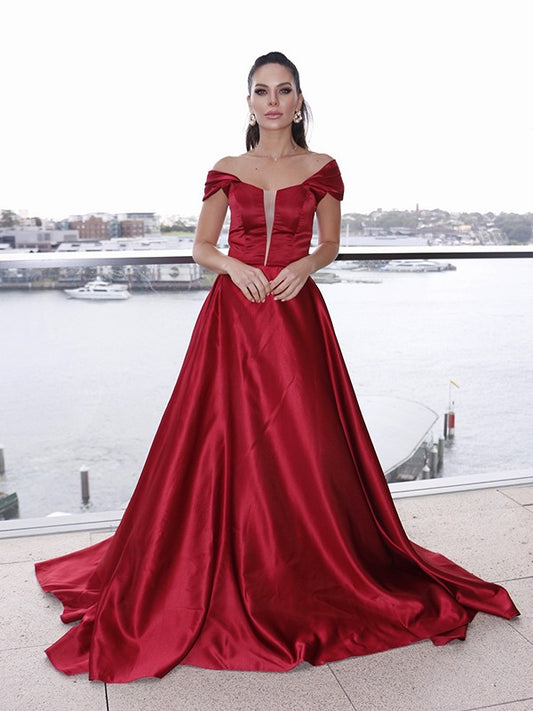 A-Line/Princess Satin Off-the-Shoulder Ruffles Sleeveless Sweep/Brush Train Dresses