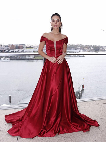 A-Line/Princess Satin Off-the-Shoulder Ruffles Sleeveless Sweep/Brush Train Dresses