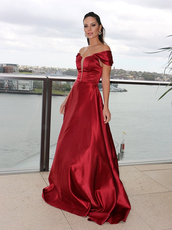 A-Line/Princess Satin Off-the-Shoulder Ruffles Sleeveless Sweep/Brush Train Dresses