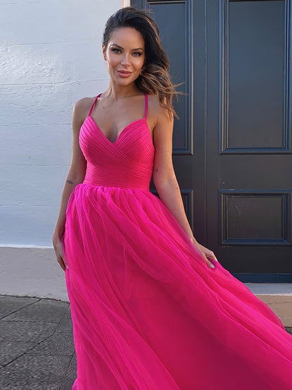 A-Line/Princess Tulle V-neck Ruched Sleeveless Sweep/Brush Train Dresses