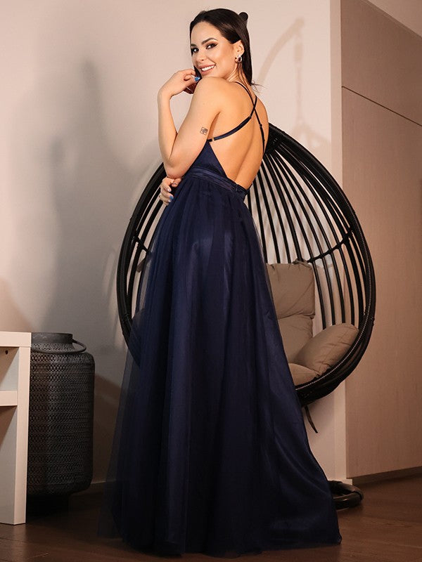 A-Line/Princess Tulle Ruffles V-neck Sleeveless Floor-Length Dresses