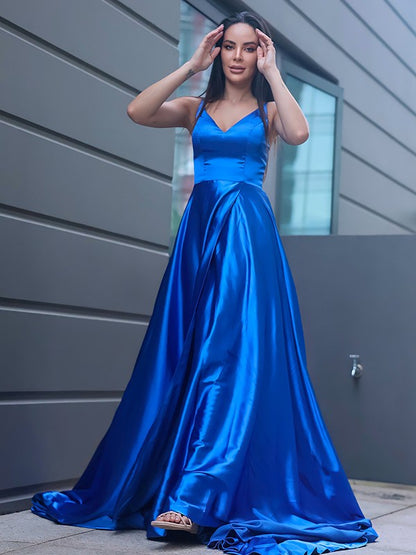 A-Line/Princess Silk like Satin Ruffles V-neck Sleeveless Sweep/Brush Train Dresses