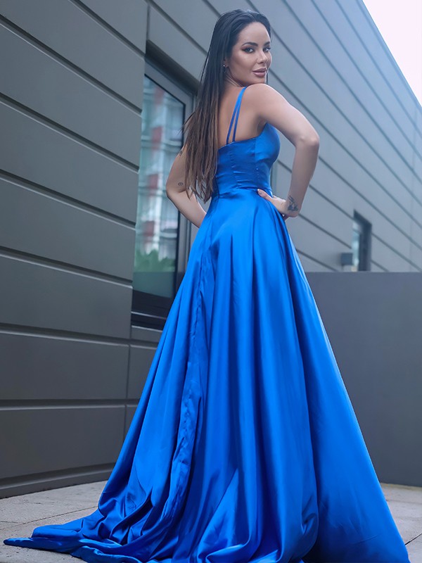 A-Line/Princess Silk like Satin Ruffles V-neck Sleeveless Sweep/Brush Train Dresses