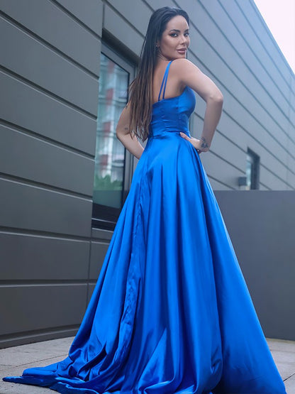 A-Line/Princess Silk like Satin Ruffles V-neck Sleeveless Sweep/Brush Train Dresses