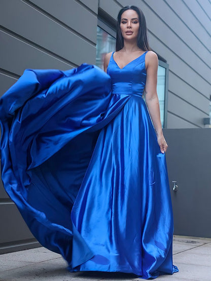 A-Line/Princess Silk like Satin Ruffles V-neck Sleeveless Sweep/Brush Train Dresses