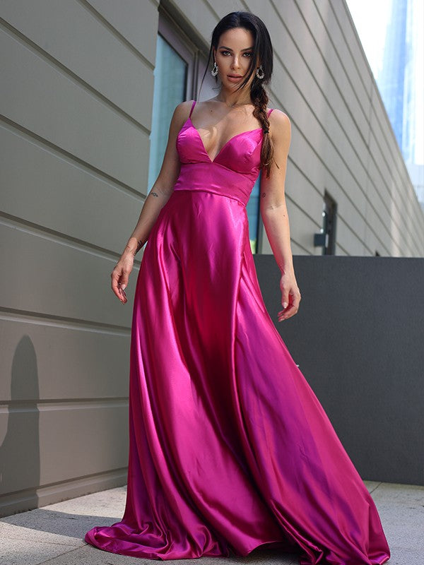 A-Line/Princess Silk like Satin Ruffles V-neck Sleeveless Sweep/Brush Train Dresses